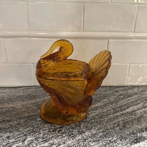 Vintage L.E. Smith Amber Glass Thanksgiving Turkey Dish Bowl and Lid USA